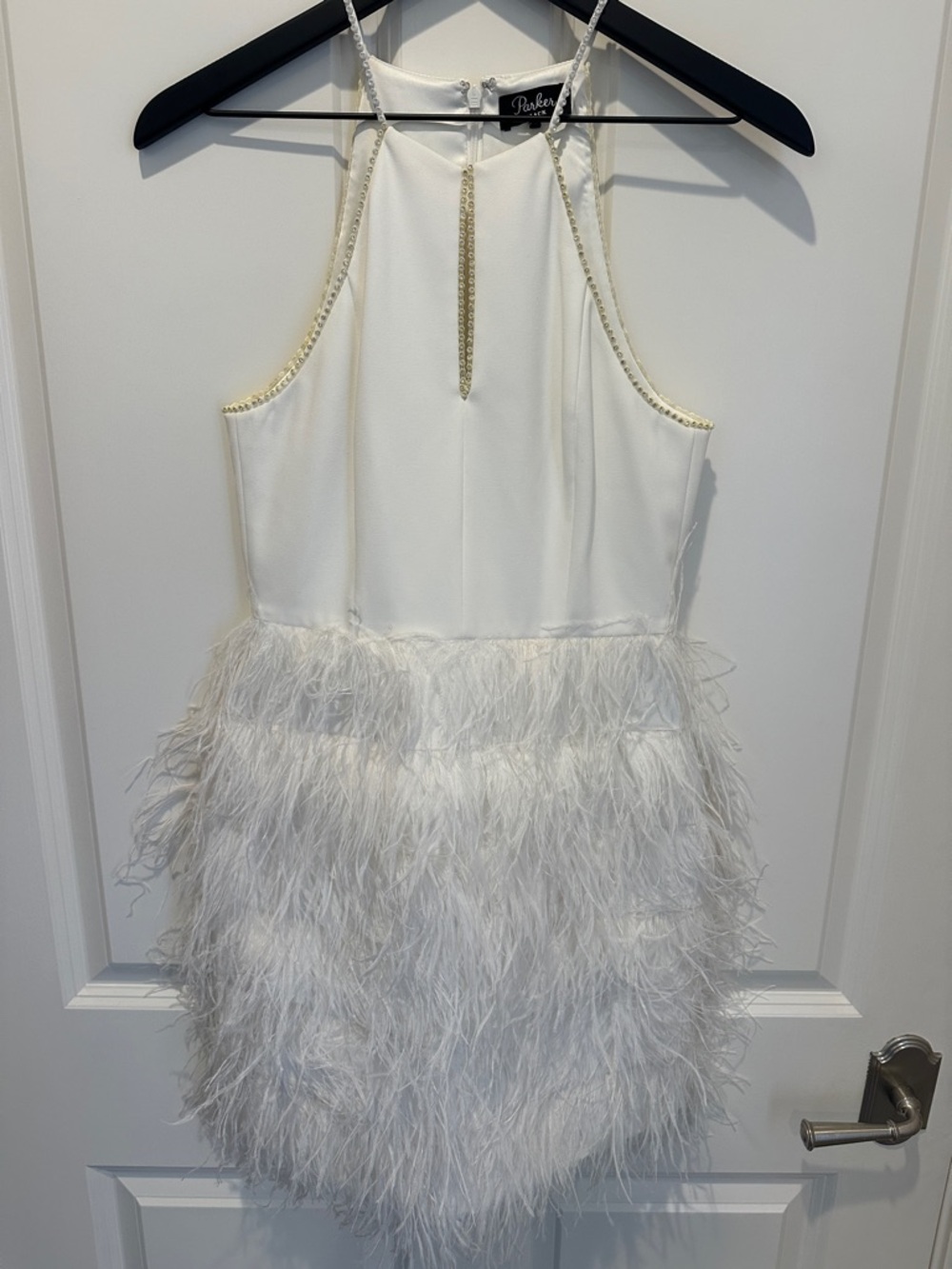 Parker White Feather-Trim Mini Dress With Embellishments